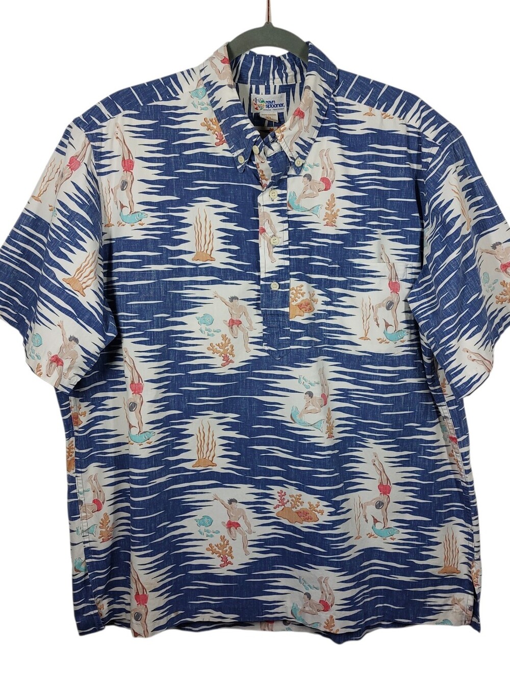 Reyn Spooner Fish Divers Pullover Shirt Mens XL Cotton Reverse Print Blue Aloha